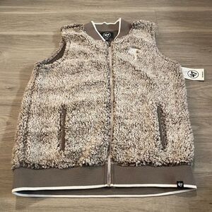 47 Womens Brown Sleeveless Pockets Sherpa Casual Full Zip Jacket Size Large